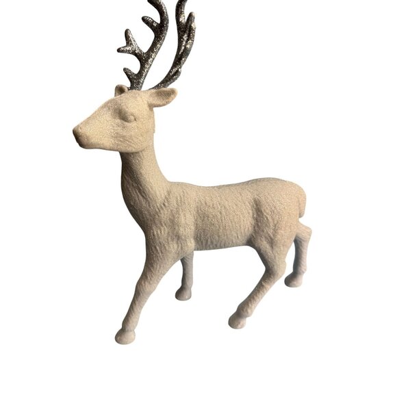 Glittery White Flocked Reindeer Figurine With Silver Antlers - Picture 2 of 8